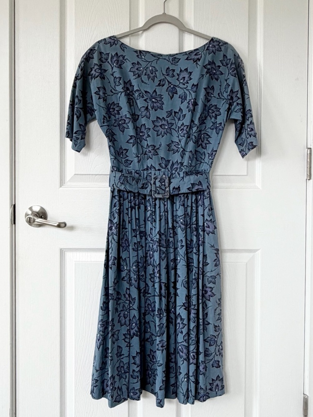 1950’s Vintage Union Made Blue Floral Belted Boatneck Midi Dress